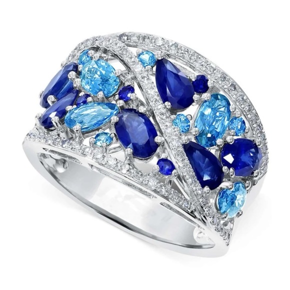 Vintage Jewelry - Beautiful Dark & Light Blue Multi Stone, Cubic Zirconia Silver Statement Ring